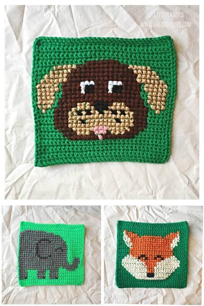 Crochet squares with cross stitched dog, elephant and fox