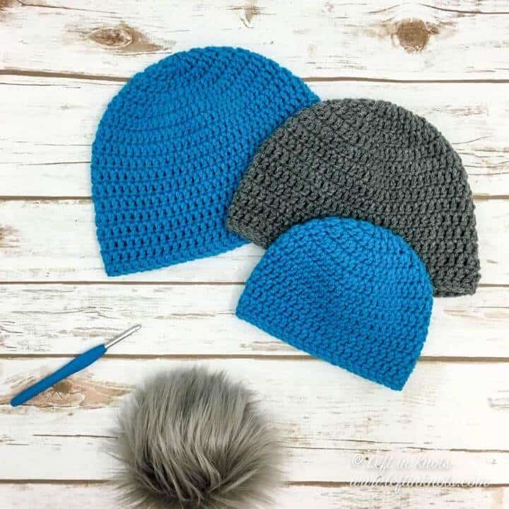 Crochet beanies made with the DC stitch in 10 sizes