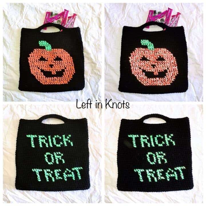 A crochet bag made with reflective yarn for trick or treating
