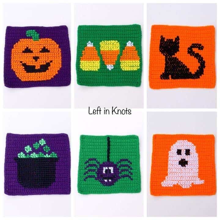 Crochet Halloween Squares for a Jack-o-lantern, candy corn, black cat, cauldron, spider and ghost