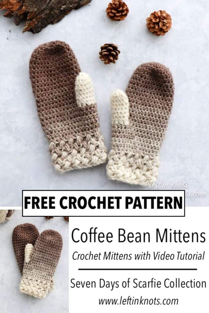 Taupe and cream crochet mittens using the bean stitch