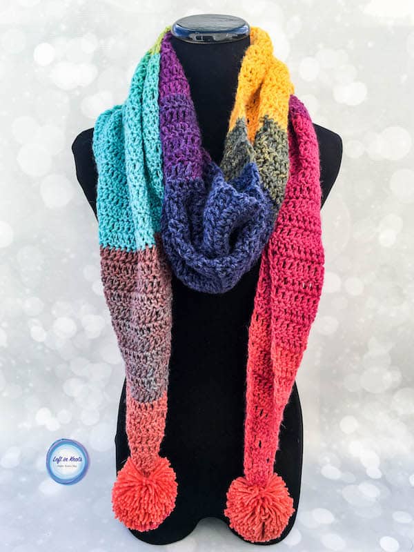 A rainbow crochet scarf made with one skein of Lion Brand Mandala yarn