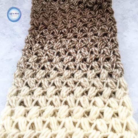 A crochet infinity scarf made with one skein of yarn and the bean stitch