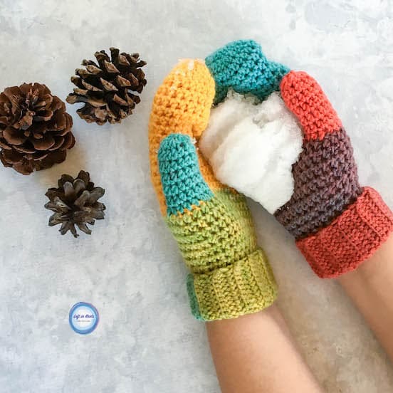 Rainbow crochet mittens with a folded cuff