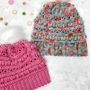 A crochet beanie made with the heart puff stitch