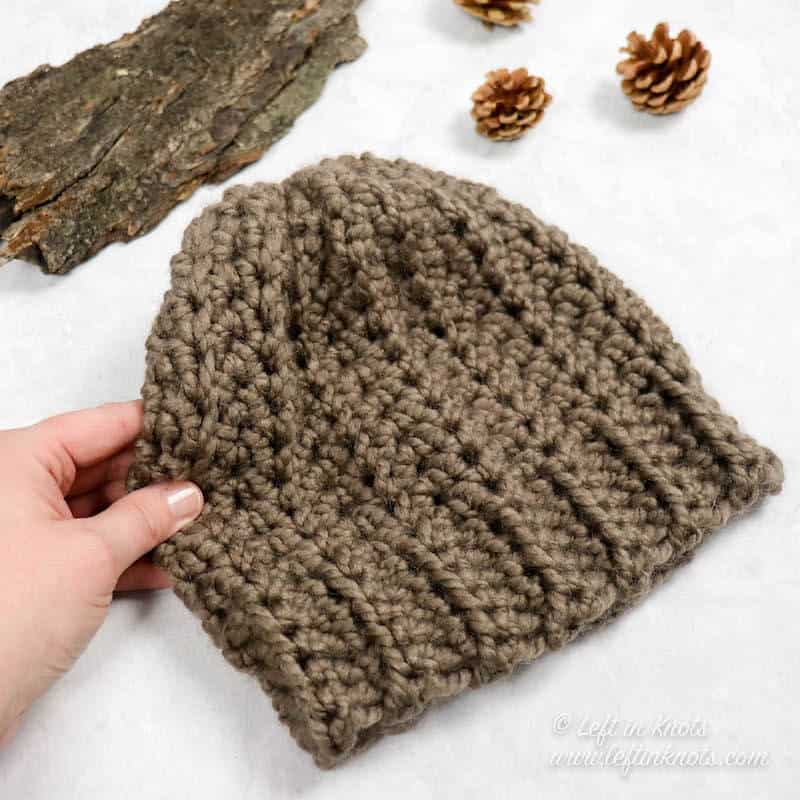 A fast and easy chunky crochet beanie made from a rectangle