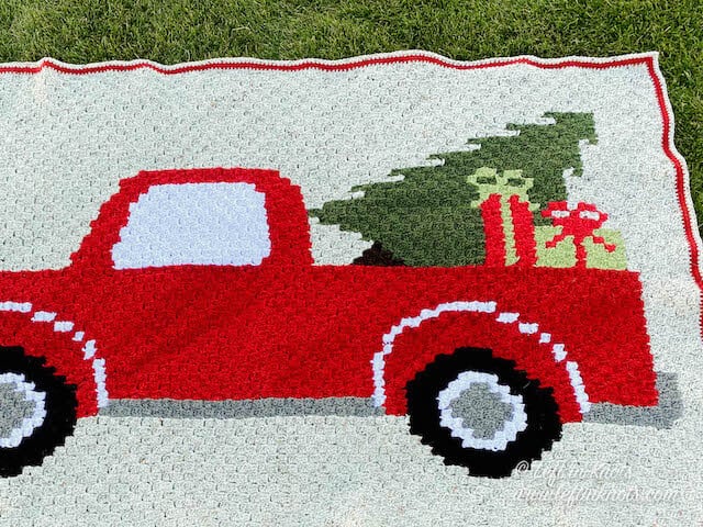 C2C crochet blanket with a Christmas vintage red truck and tree