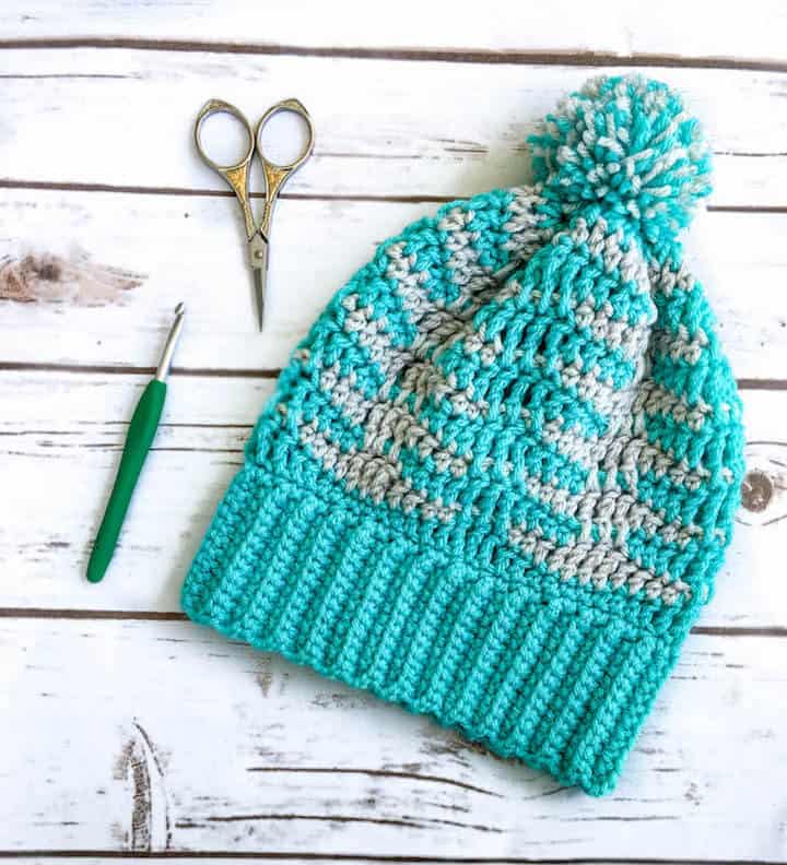 A crochet beanie made with a ripple stitch