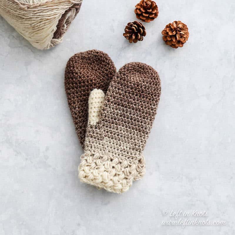 Taupe and cream crochet mittens using the bean stitch