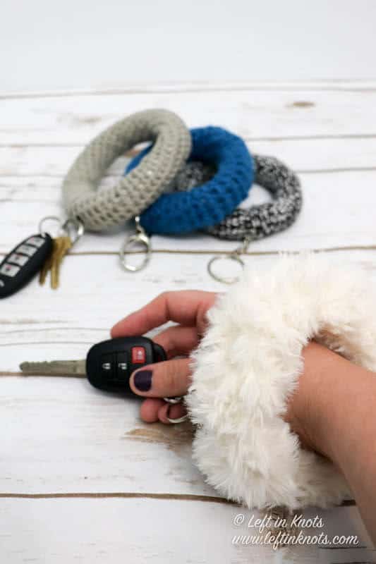 A crochet bangle bracelet keychain