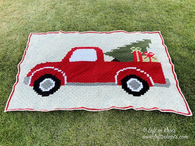 C2C crochet blanket with a Christmas vintage red truck and tree