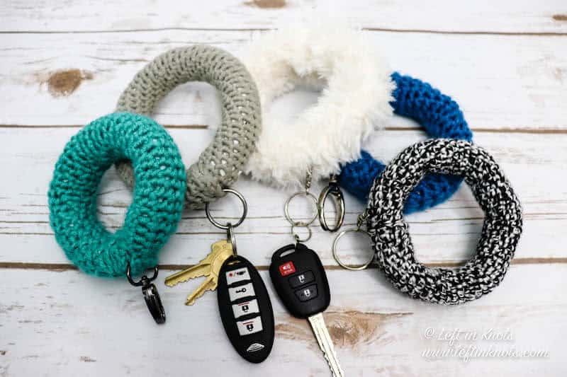 A crochet bangle bracelet keychain