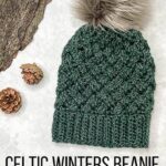 A dark green beanie crocheted with the Celtic Weave stitch
